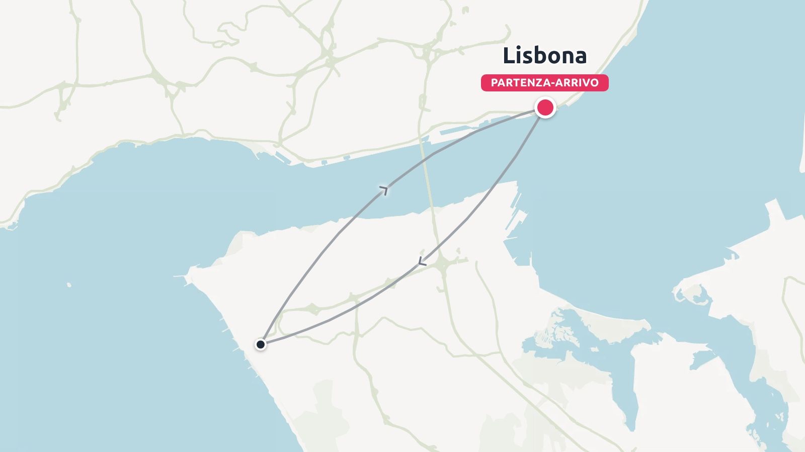Una mappa di un itinerario di viaggio che mostra un viaggio di andata e ritorno con partenza e arrivo a Lisbona, con linee di percorso che attraversano l'acqua fino a un punto costiero.
