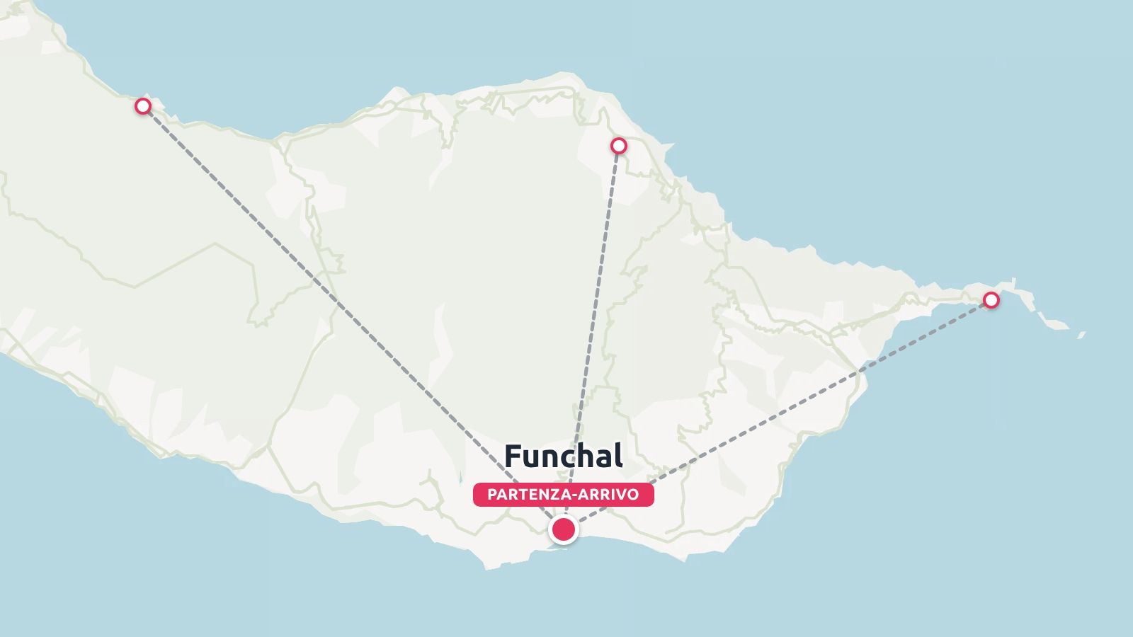 Una mappa dell'itinerario di viaggio di un'isola che mostra linee tratteggiate di viaggio con partenza e arrivo a Funchal.