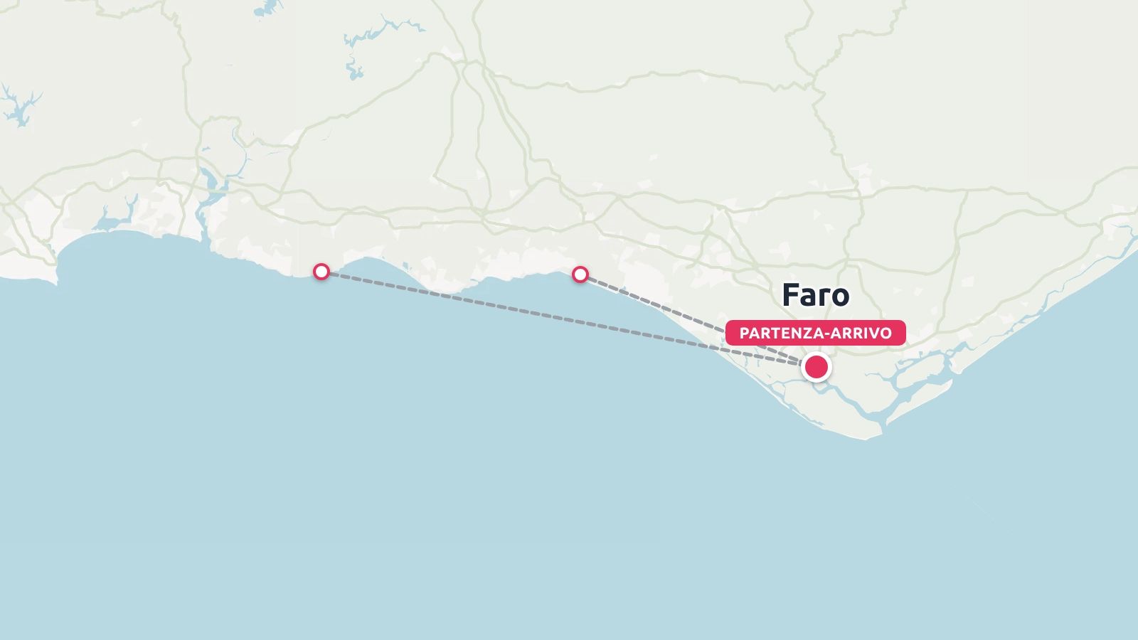 Una mappa dell'itinerario di viaggio che mostra un percorso costiero con partenza e arrivo a Faro.