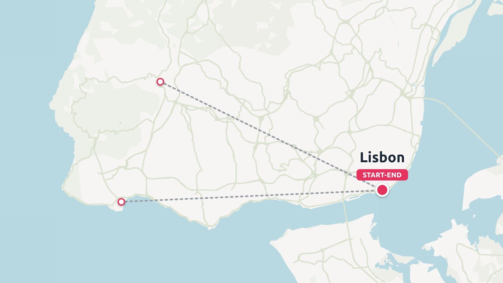 Travel map showing a triangular route starting and ending in Lisbon with dotted lines connecting regional points.