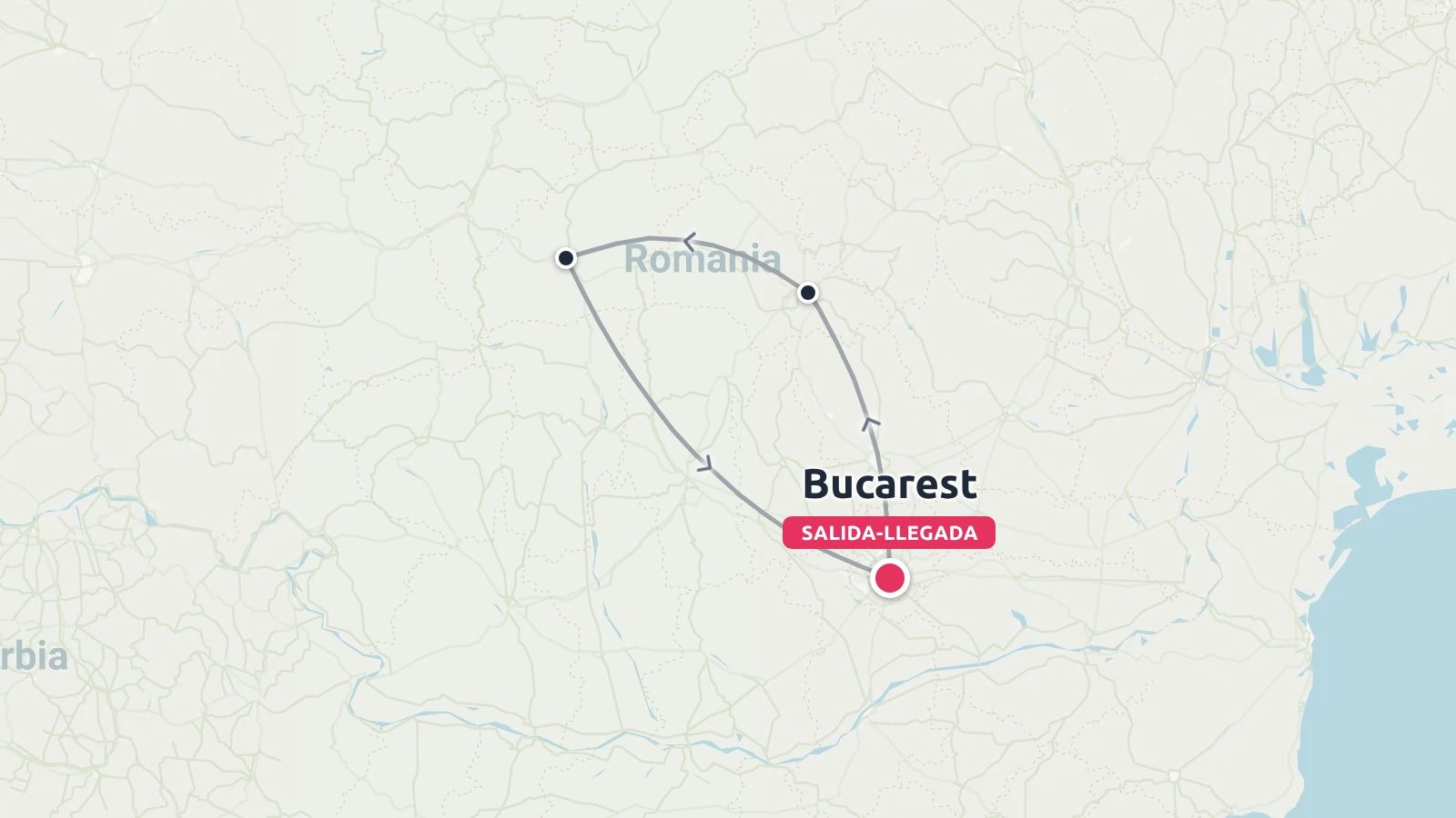 Un mapa de la ruta de viaje por Rumanía que muestra un itinerario circular con inicio y fin en Bucarest