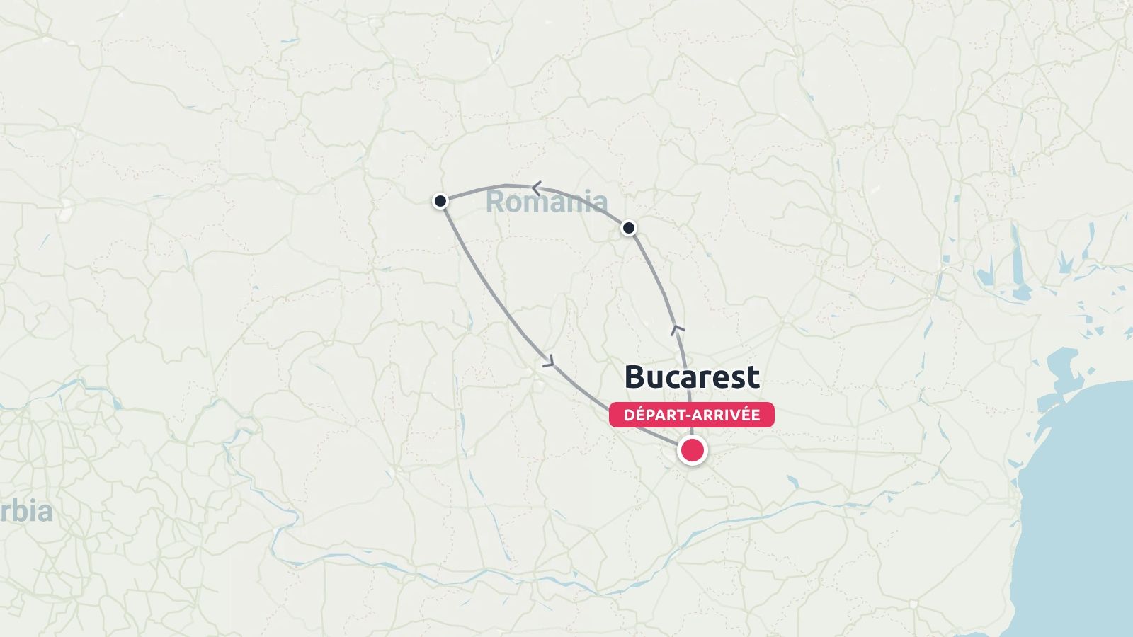 Une carte d'itinéraire de voyage en Roumanie affichant un itinéraire circulaire avec des points de départ et d'arrivée à Bucarest.