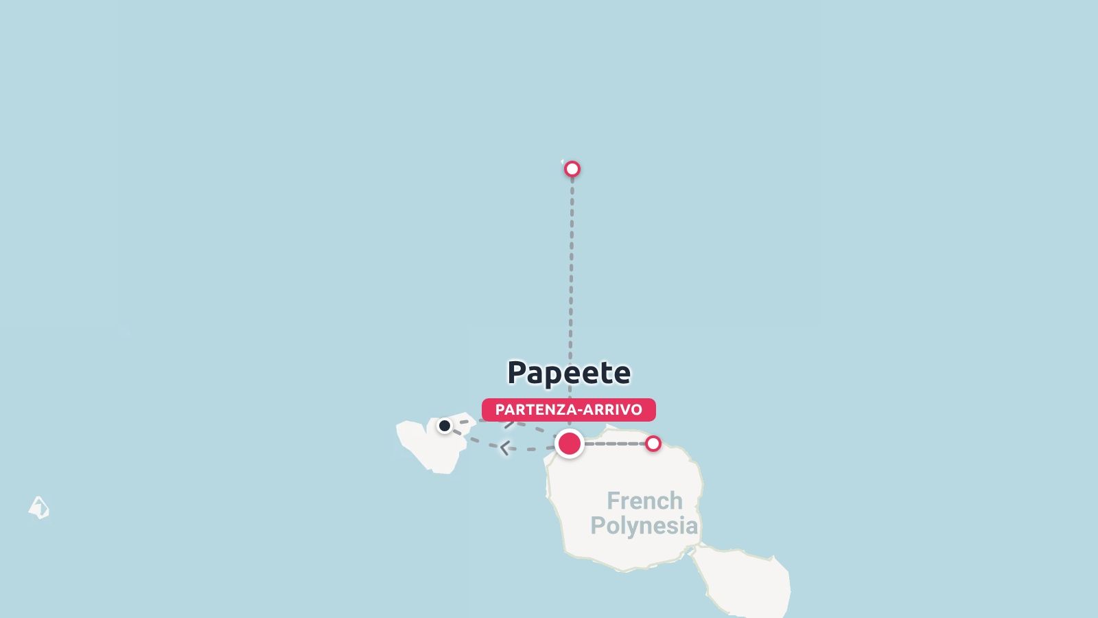 Mappa dell'itinerario di viaggio della Polinesia francese che mostra i collegamenti con centro a Papeete