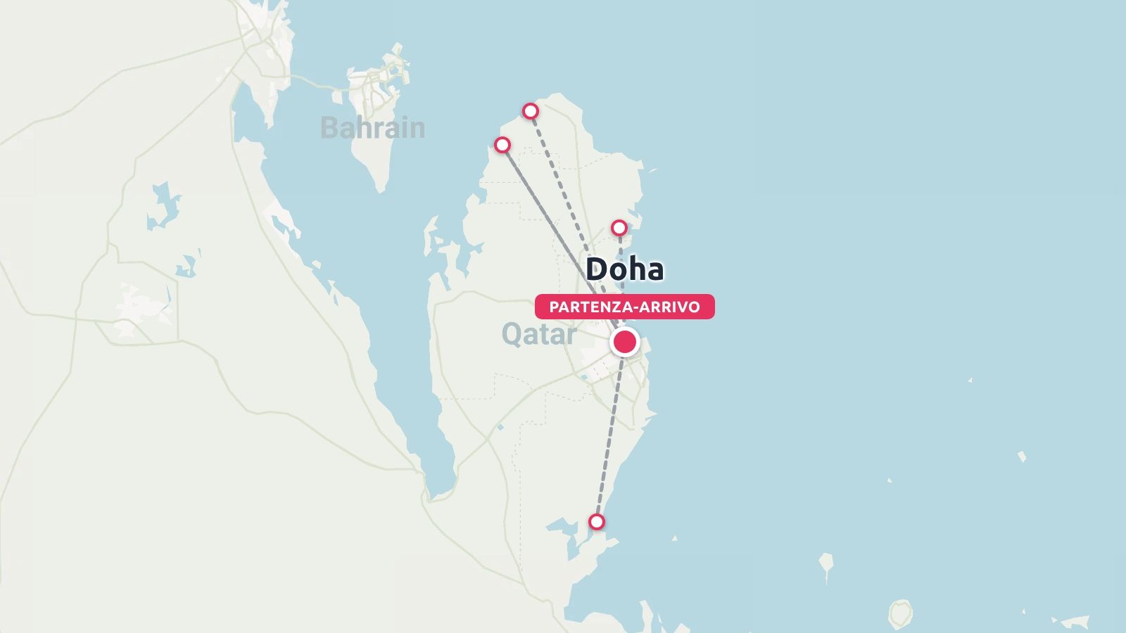 Una mappa dell'itinerario di viaggio in Qatar che mostra le tappe e un percorso di viaggio con partenza e arrivo a Doha.