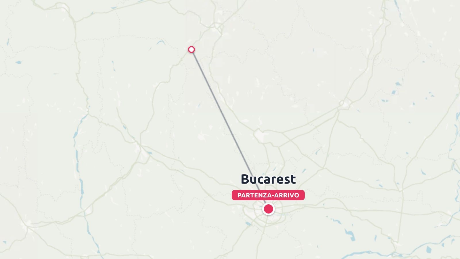 Una mappa di itinerario di viaggio che mostra una linea di percorso con partenza e arrivo a Bucarest, etichettata partenza-arrivo.