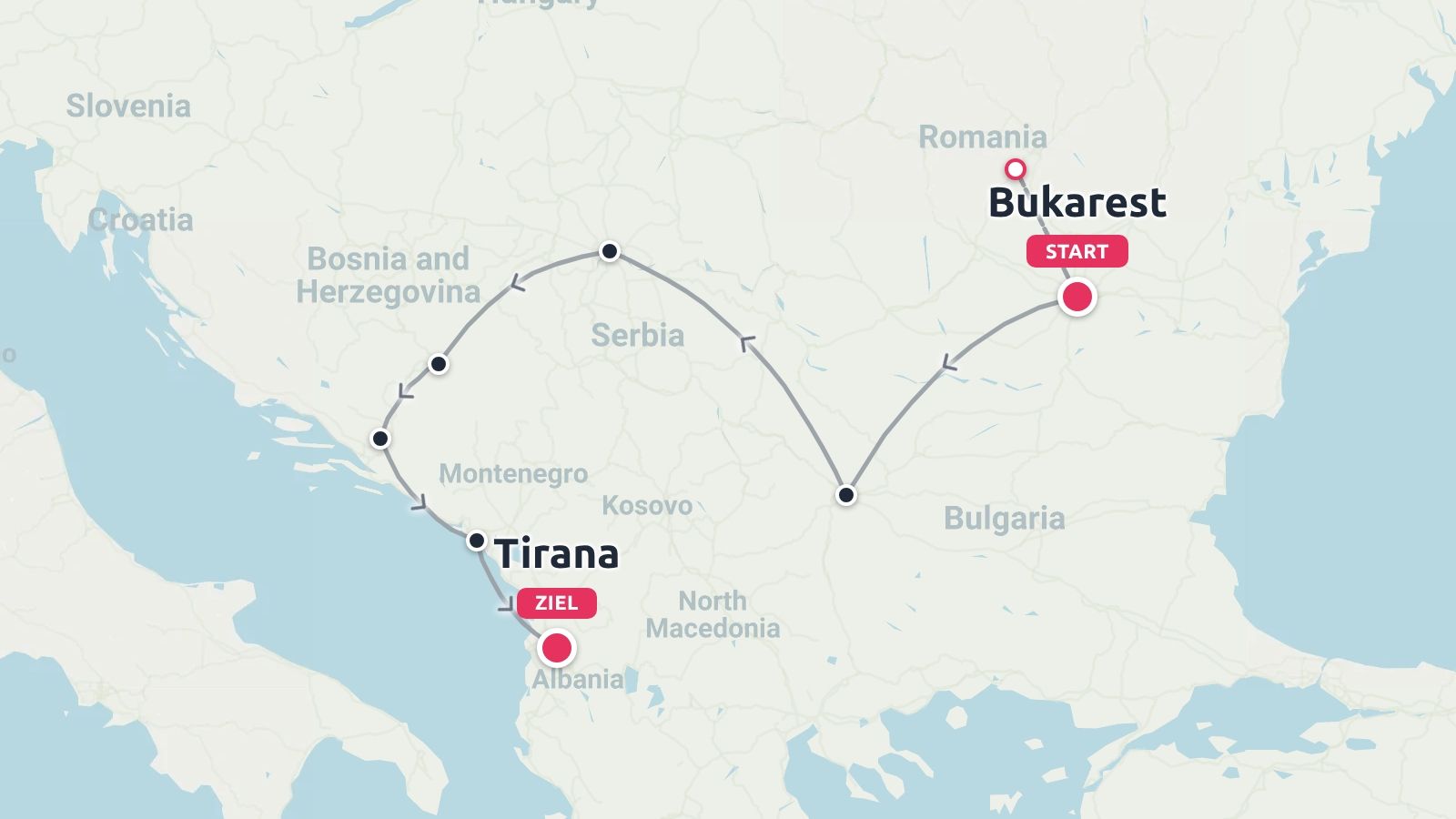 Eine Reiseroute, die in Bukarest, Rumänien beginnt und in Tirana, Albanien endet und durch die Balkanregion führt