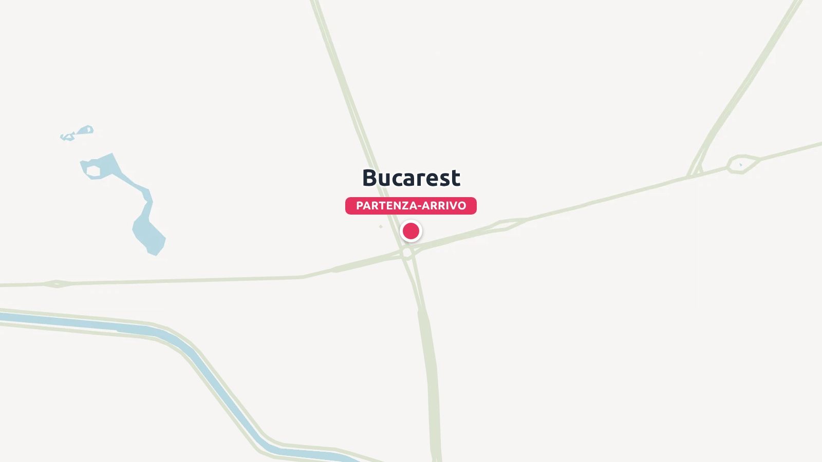 Una mappa di viaggio che indica Bucarest con un marcatore rosso etichettato partenza-arrivo