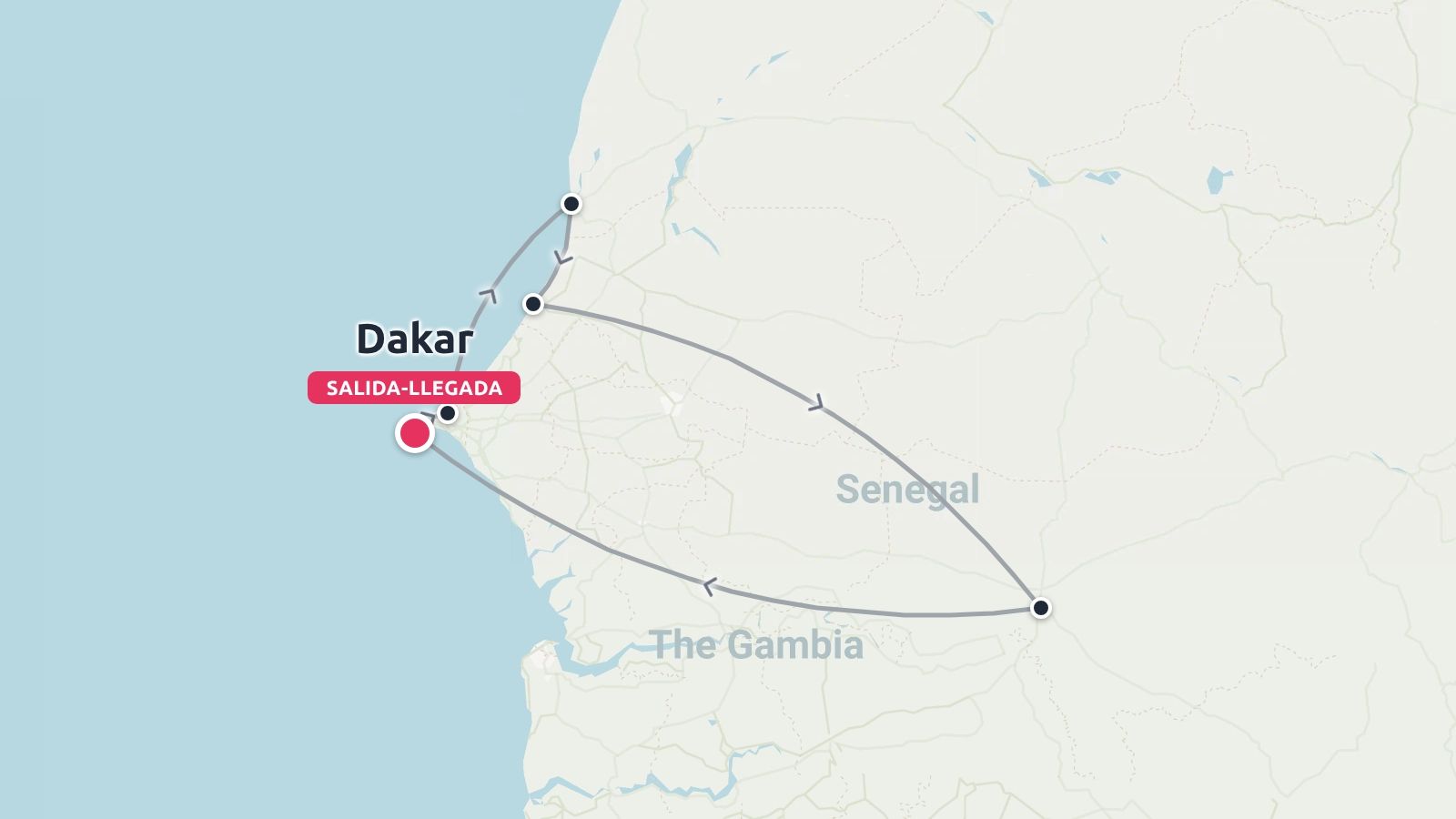 Mapa de ruta de viaje que muestra un circuito de itinerario que comienza y termina en Dakar, viajando por Senegal cerca de Gambia.