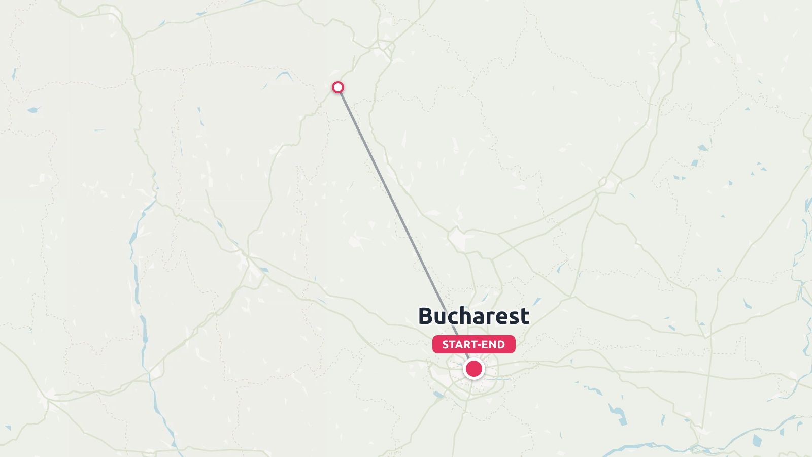 A travel route map showing a line connecting an itinerary stop to Bucharest, marked as start and end.