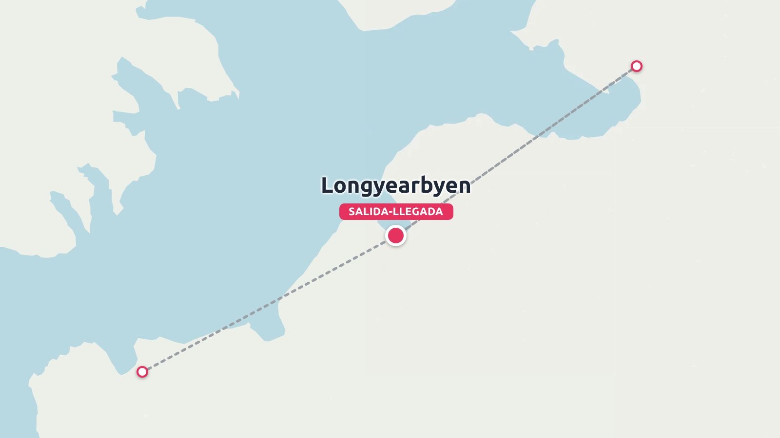 Un mapa de ruta de itinerario de viaje que muestra un camino de trazos a través de terreno costero con Longyearbyen marcado como punto de inicio y fin.