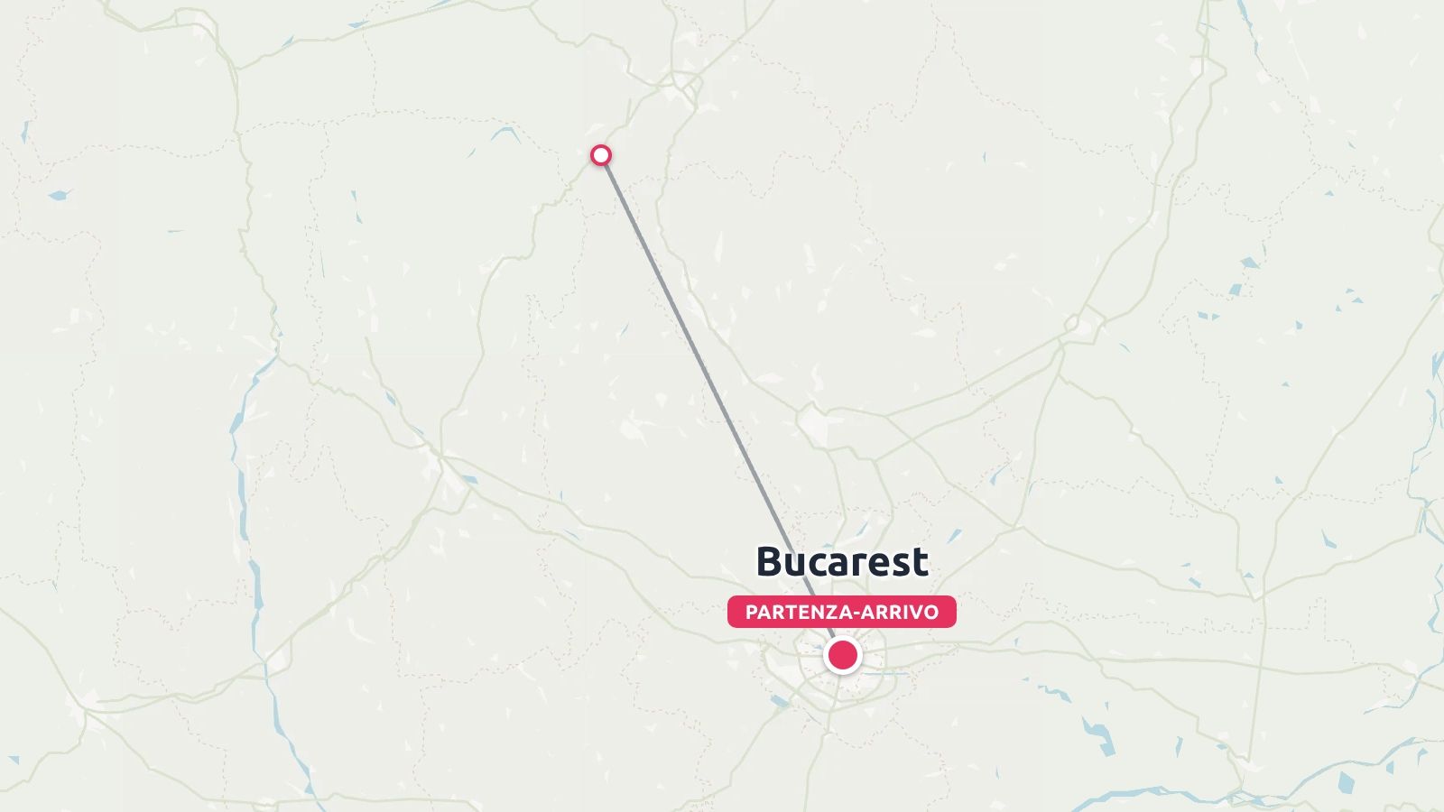 Mappa dell'itinerario di viaggio che mostra una linea che collega Bucarest come punto di partenza e arrivo a una località settentrionale.