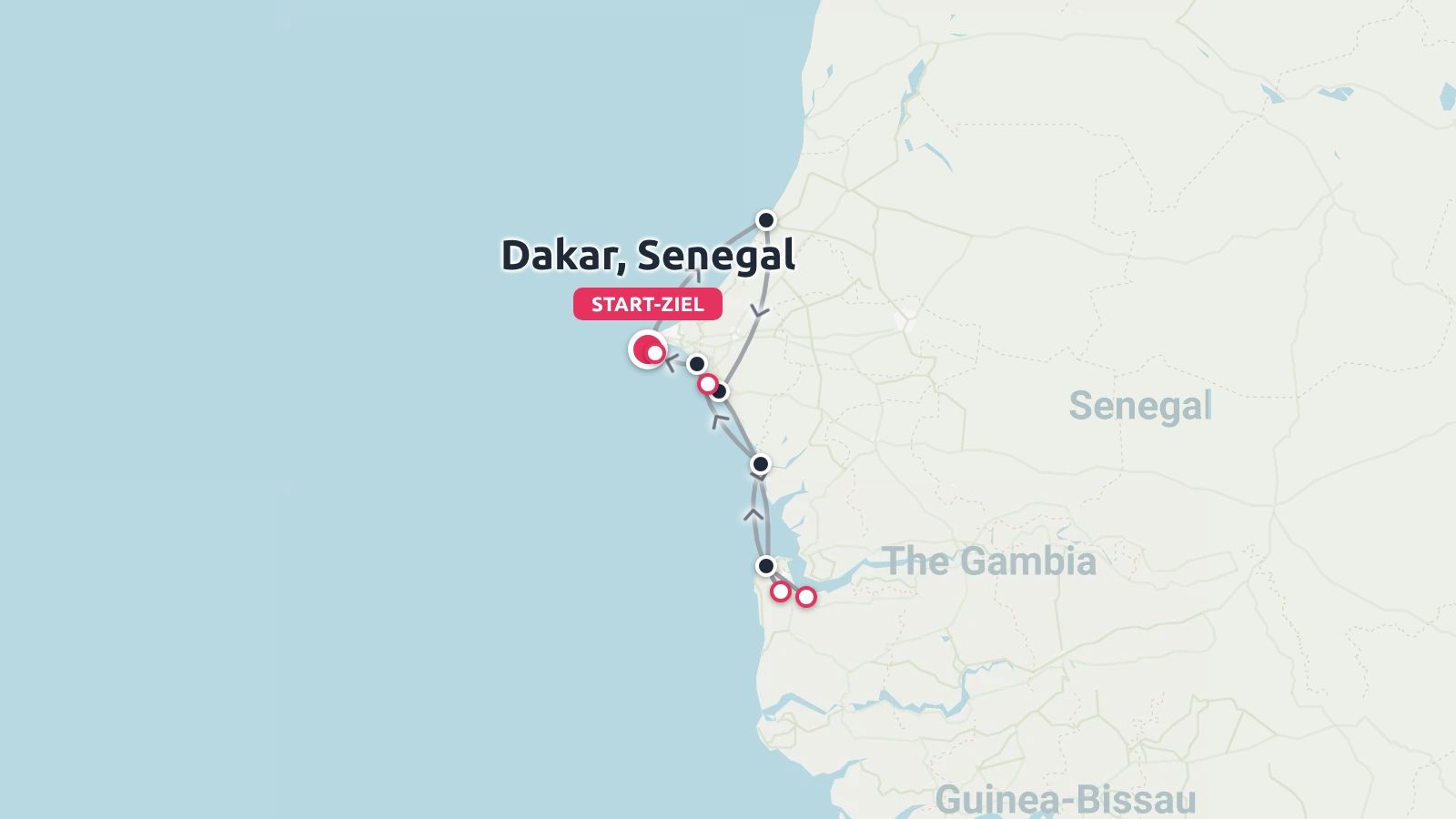 Eine Reiseroute, die eine Rundreise mit Start und Ziel in Dakar, Senegal, und einer Durchquerung von Gambia zeigt.