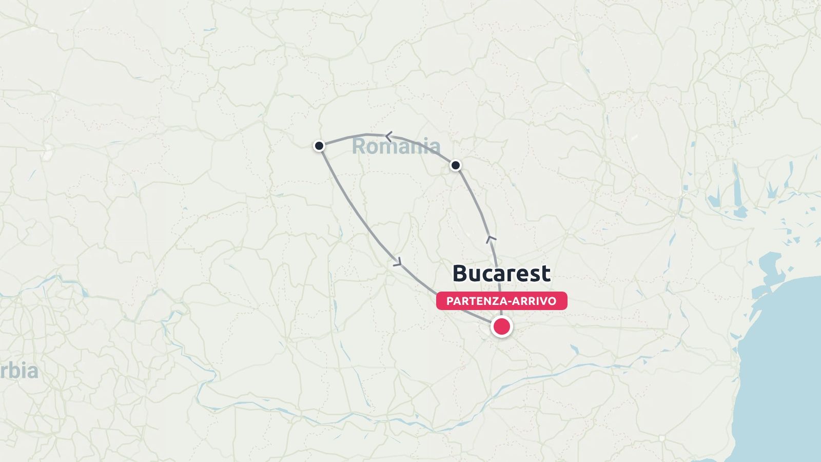 Mappa dell'itinerario di viaggio della Romania che mostra un percorso circolare con partenza e arrivo a Bucarest.