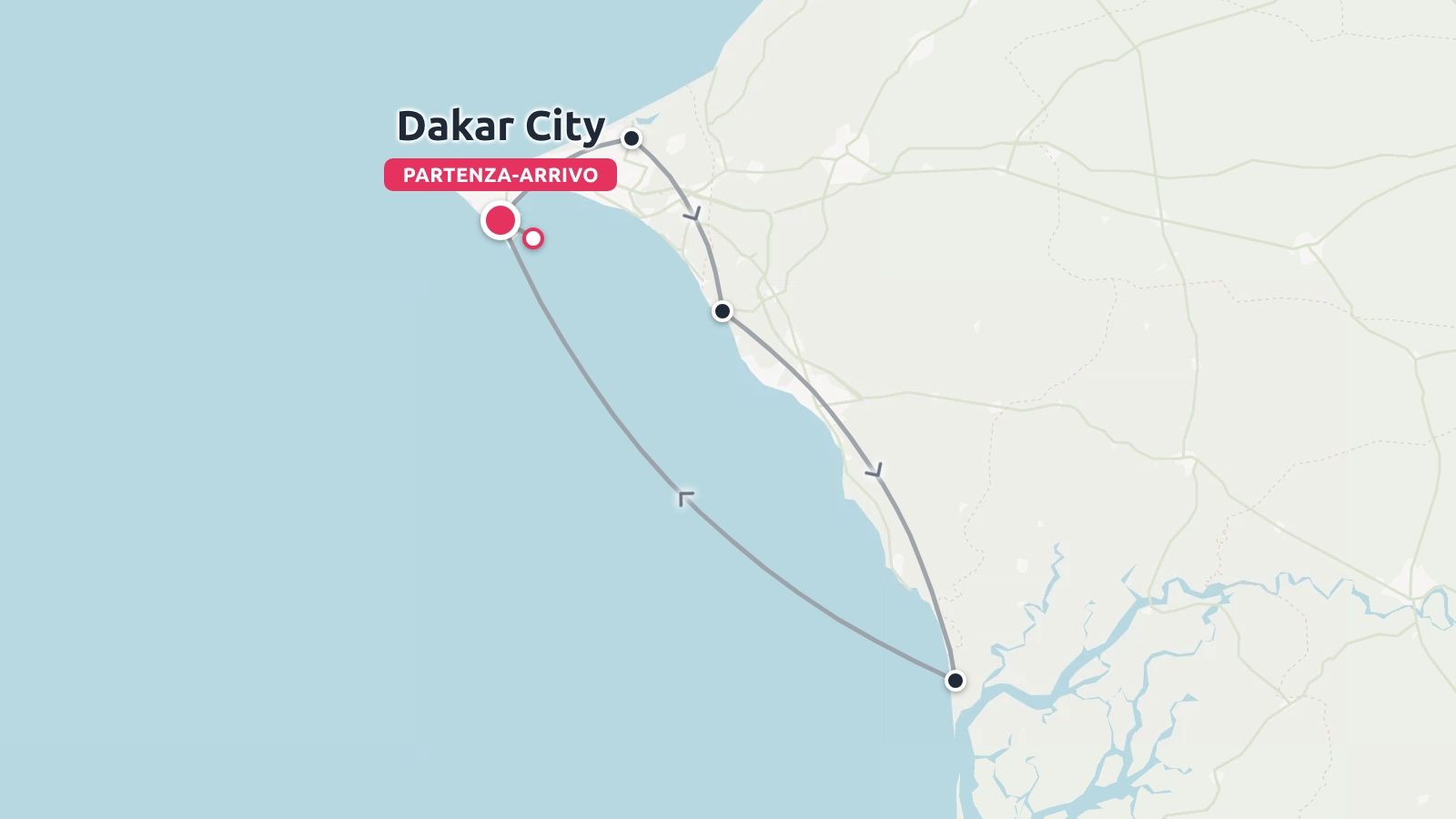 Mappa di viaggio che mostra un itinerario costiero con partenza e arrivo a Dakar e diverse tappe lungo la costa