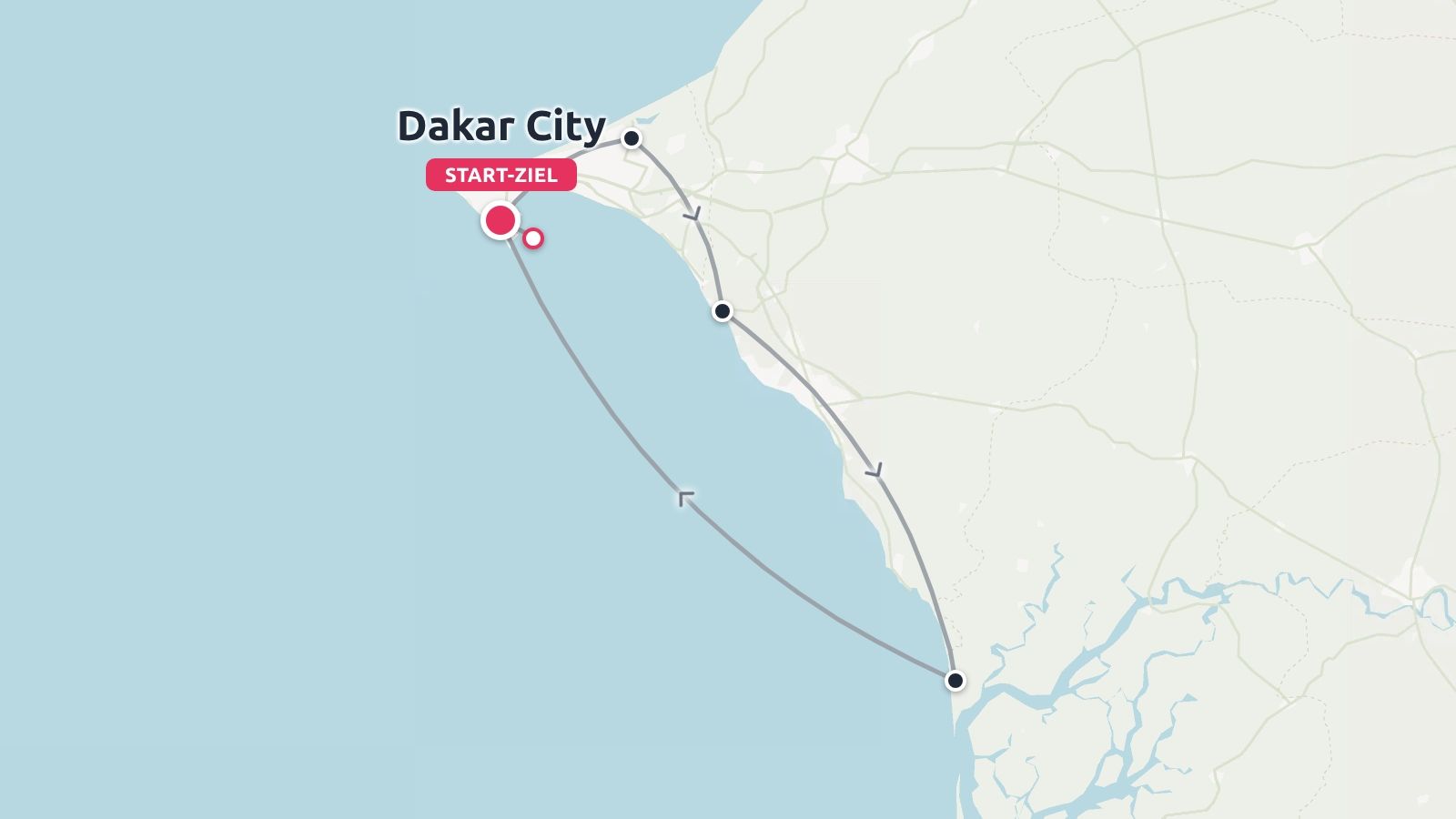 Eine Reiseroute, die eine Küstenschleife darstellt, die in Dakar beginnt und endet.