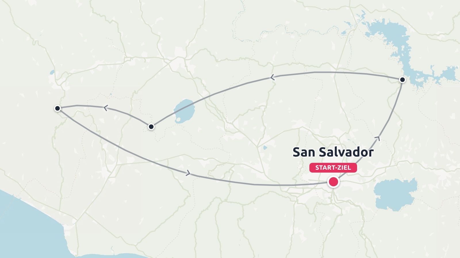 Eine Reiseroute, die eine Rundreise mit Richtungspfeilen zeigt, die in San Salvador beginnt und endet.