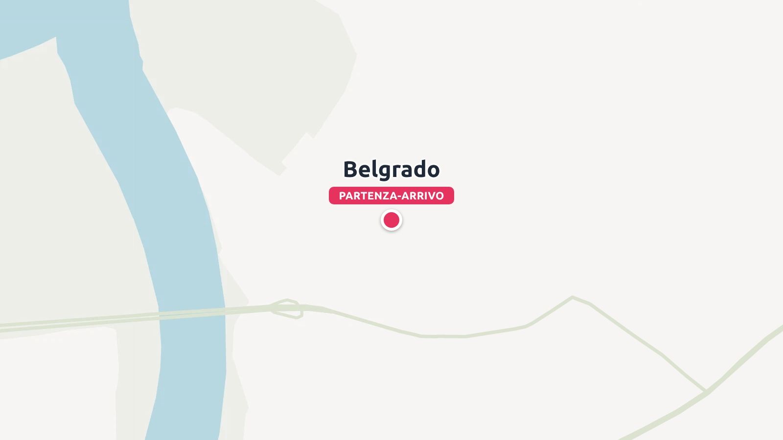 Una mappa di itinerario di viaggio che segna Belgrado come luogo di partenza e arrivo vicino a un'ansa del fiume