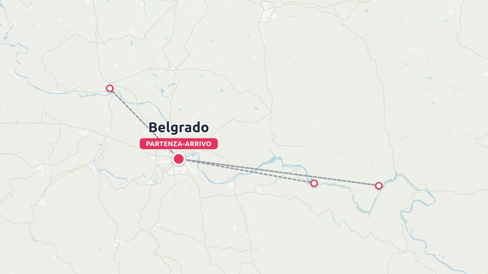 Mappa del percorso di viaggio che mostra i punti di passaggio lungo un itinerario con partenza e arrivo a Belgrado.