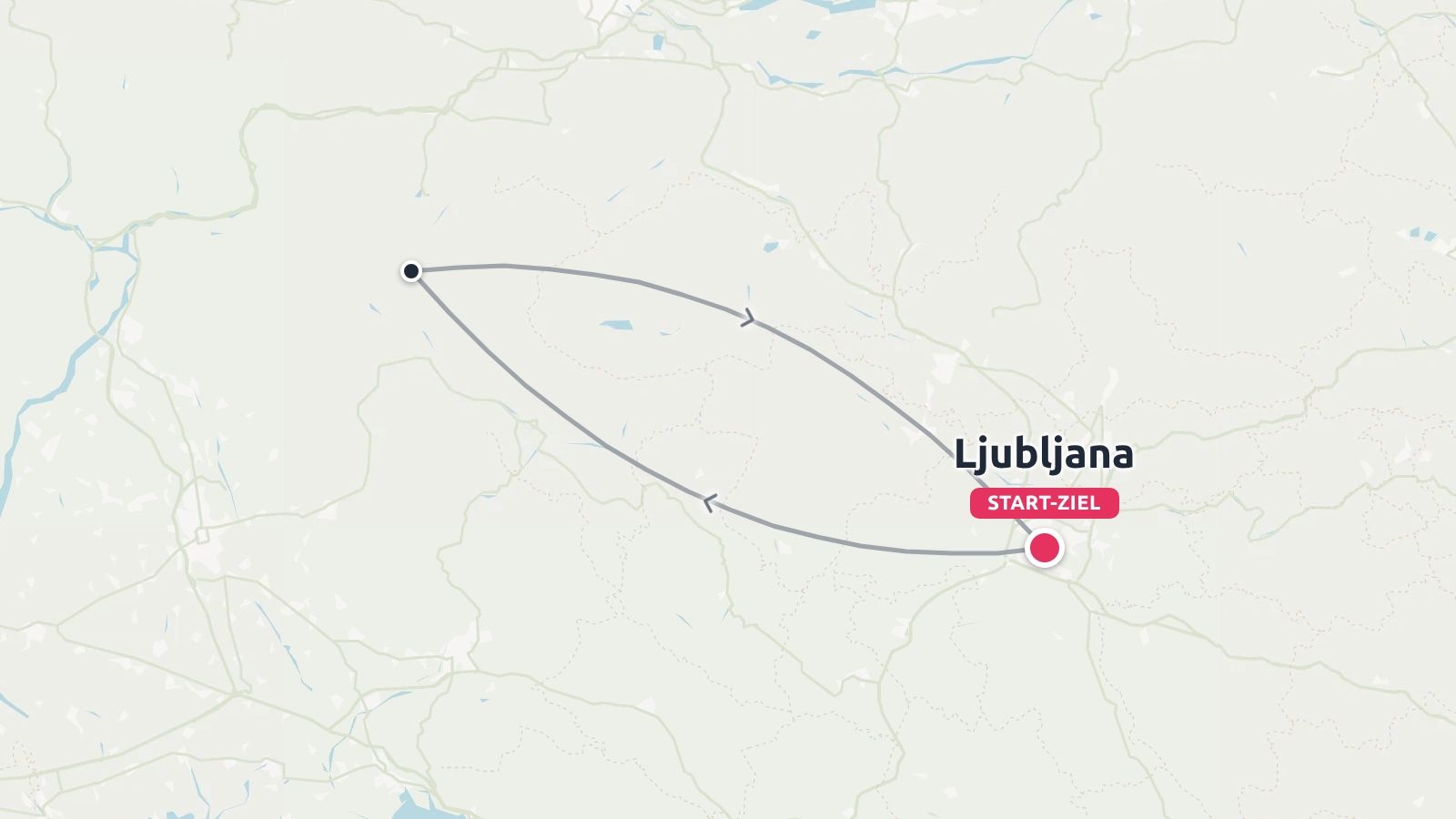 Reisekarte mit einer Rundroute, die in Ljubljana beginnt und endet, markiert mit Pfeilen, die die Fahrtrichtung angeben.