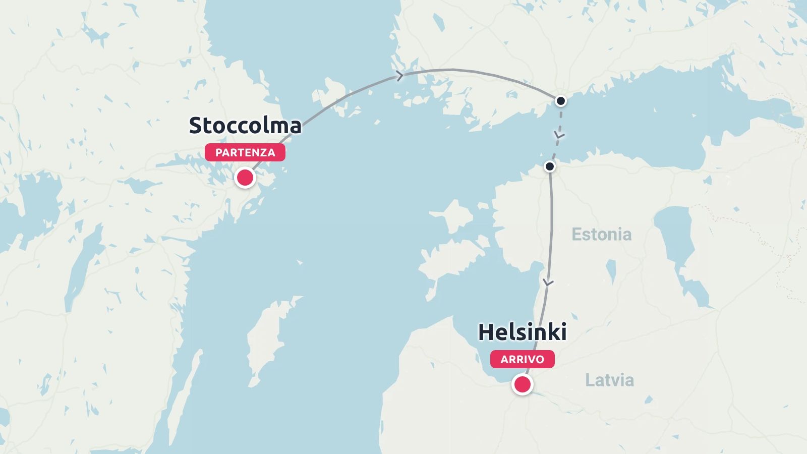 Una mappa dell'itinerario di viaggio che mostra un percorso da Stoccolma attraverso il Mar Baltico passando per l'Estonia fino a Helsinki