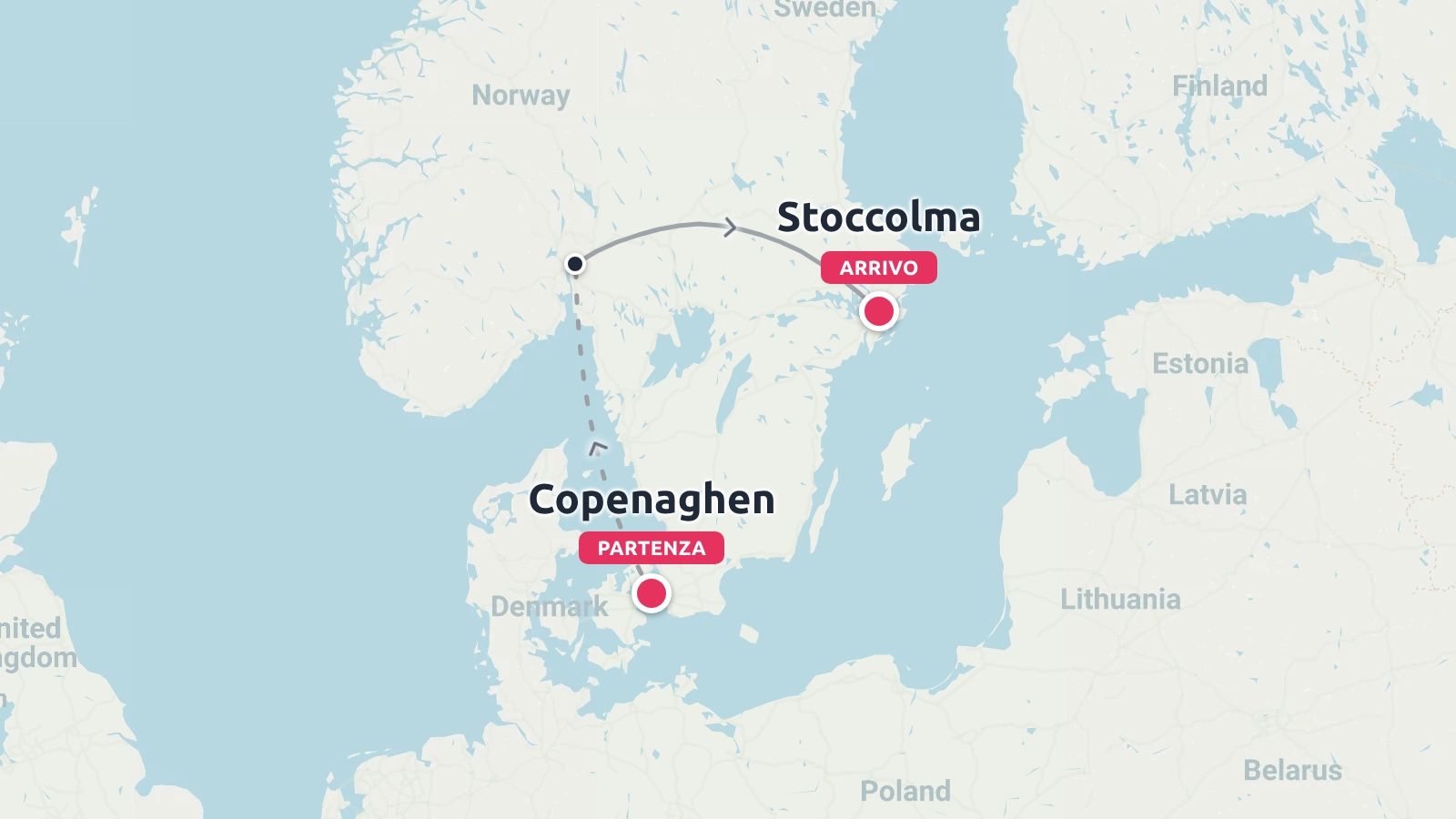 Una mappa dell'itinerario di viaggio che mostra un viaggio che parte da Copenaghen e arriva a Stoccolma attraverso l'Europa settentrionale