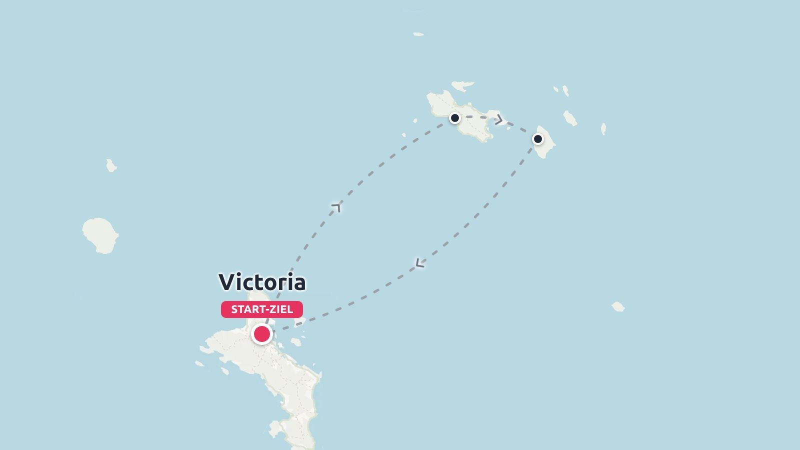 Reisekarte mit einer runden Inselroute, die in Victoria auf den Seychellen beginnt und endet.