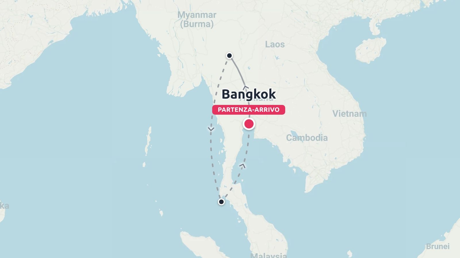 Una mappa dell'itinerario di viaggio in Thailandia che indica un percorso ad anello con partenza e arrivo a Bangkok