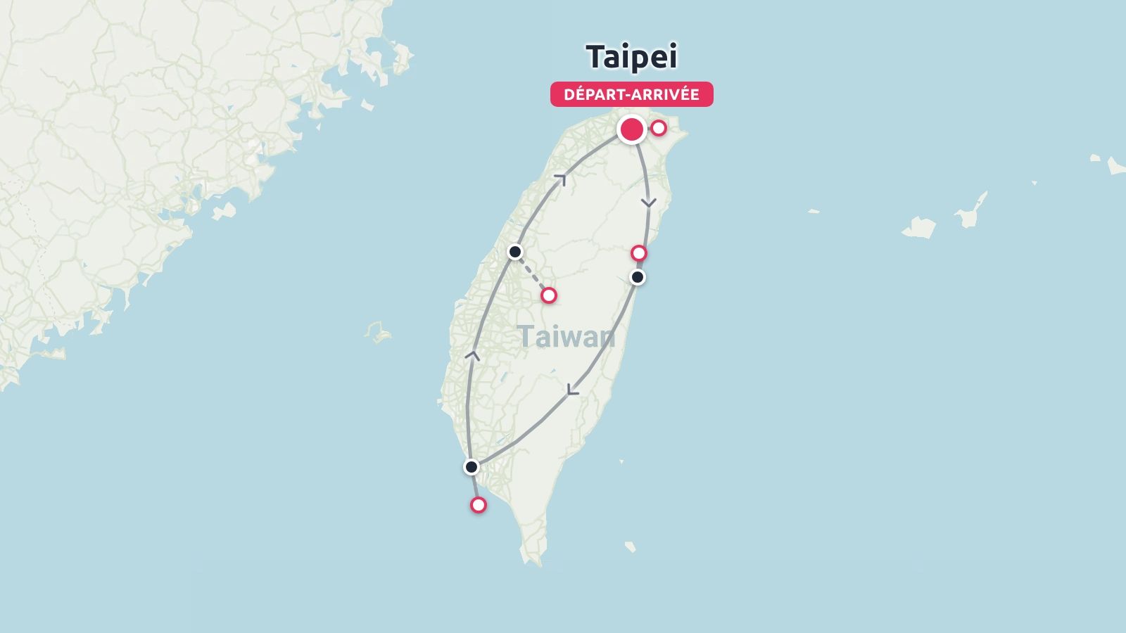 Carte de l'itinéraire de voyage à Taiwan montrant un parcours circulaire commençant et se terminant à Taipei