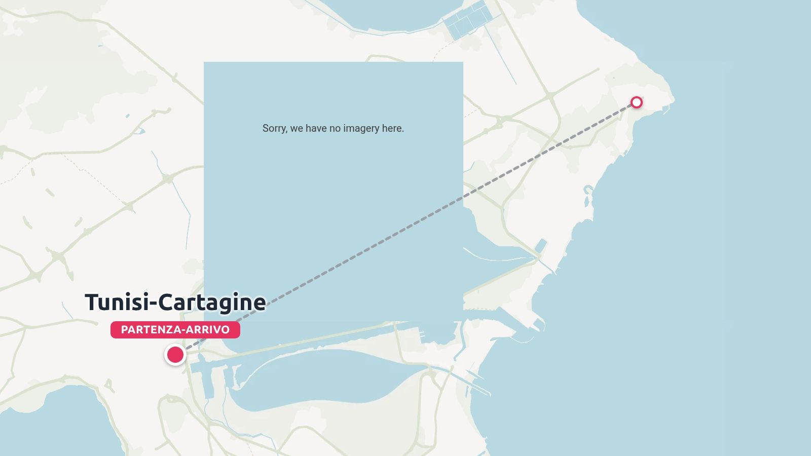 Mappa del percorso di viaggio che indica i punti di partenza e arrivo da Tunisi a Cartagine lungo una regione costiera.
