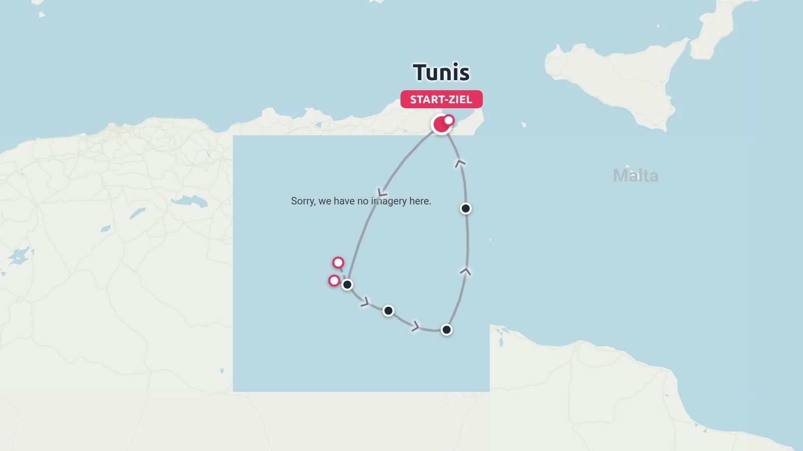 Reiseroute mit einer Rundreise, die in Tunis, Tunesien, in der Nähe des Mittelmeers beginnt und endet.