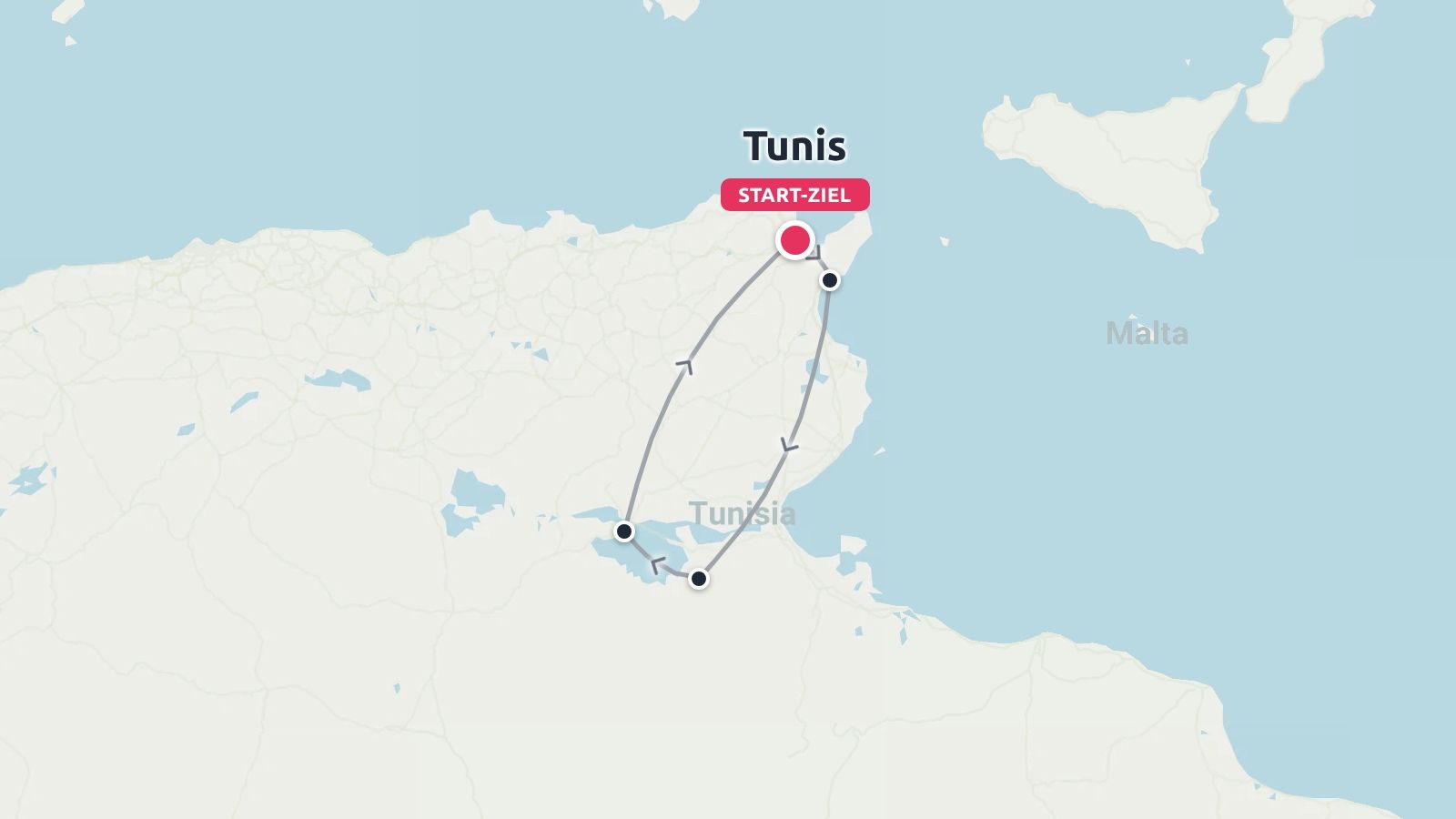 Reiseroute durch Tunesien mit Start und Ziel in Tunis, die eine Rundreise durch das Land zeigt.