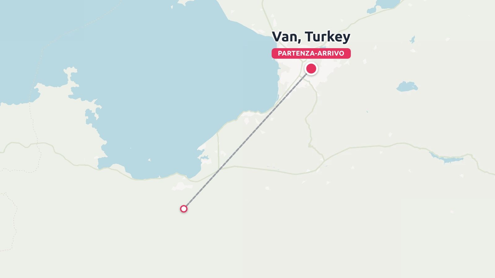 Una mappa di un itinerario di viaggio che mostra un punto di partenza e di arrivo etichettato come Van, in Turchia, vicino al Lago Van.