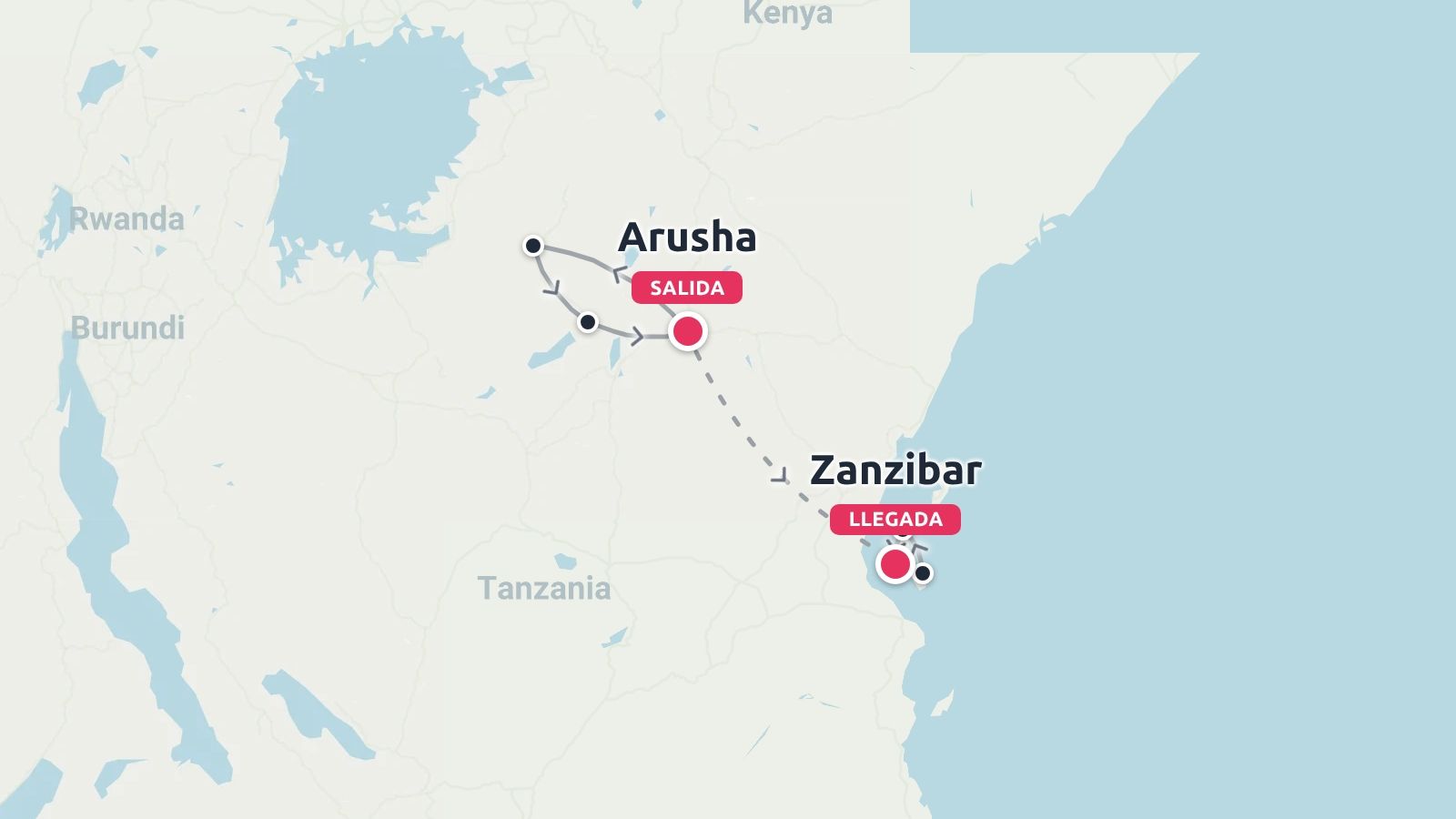 Un mapa de la ruta de viaje por Tanzania que muestra un viaje que comienza en Arusha y termina en Zanzíbar.