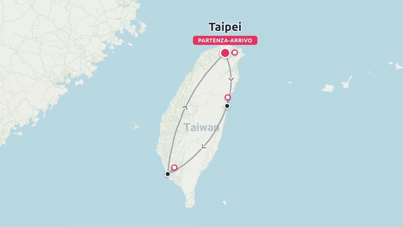 Una mappa dell'itinerario di viaggio di Taiwan che illustra un percorso di andata e ritorno con partenza e arrivo a Taipei.