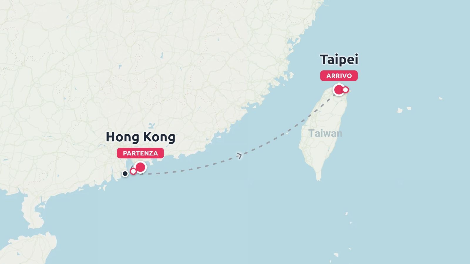 Una mappa dell'itinerario di viaggio che mostra un percorso tratteggiato che collega Hong Kong come partenza a Taipei a Taiwan come arrivo