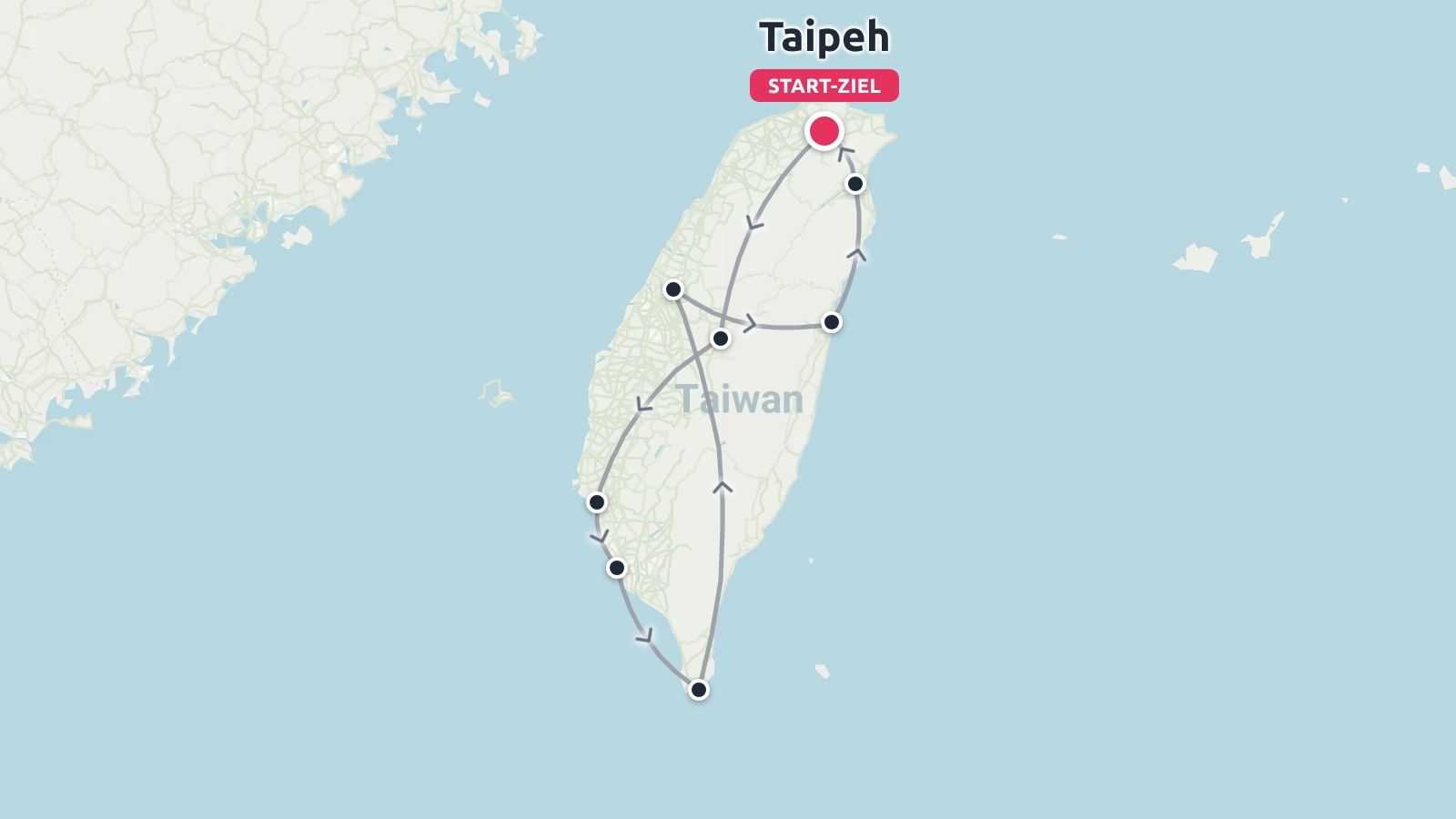 Reiseroute von Taiwan mit einer Rundreise, die in Taipeh beginnt und endet.