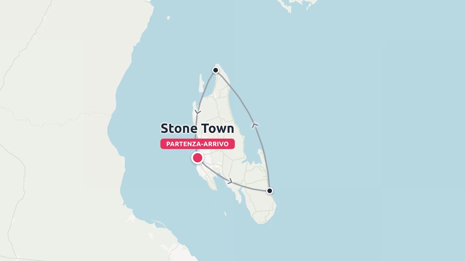 Un itinerario di viaggio ad anello dell'isola con partenza e arrivo a Stone Town.