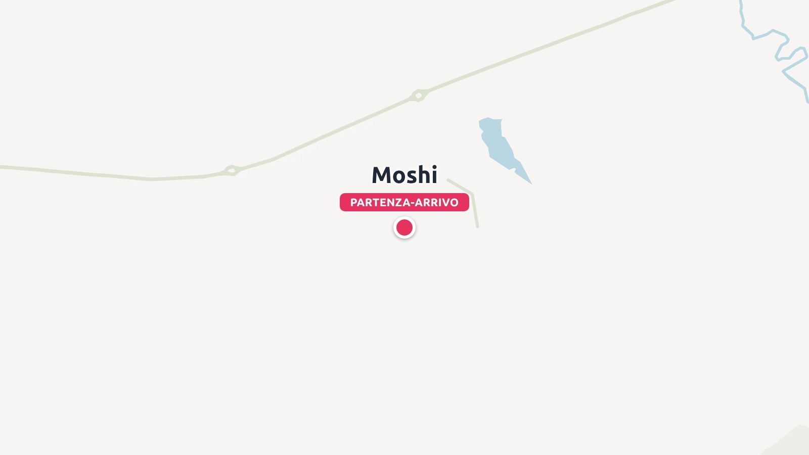 Una mappa di viaggio che segna Moshi come luogo di partenza e arrivo con una spilla rossa.