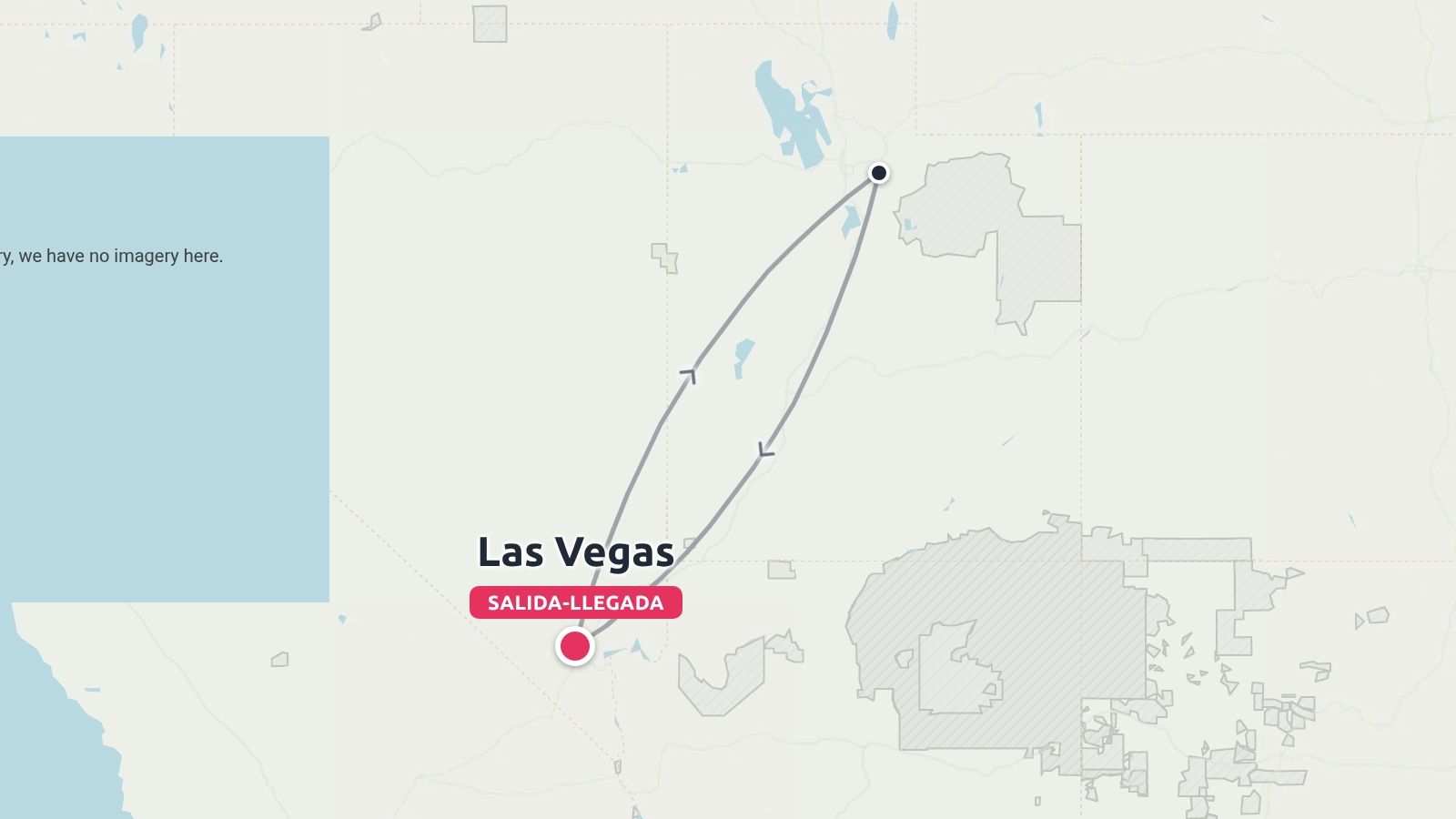 Mapa de viaje con una ruta circular que empieza y termina en Las Vegas.