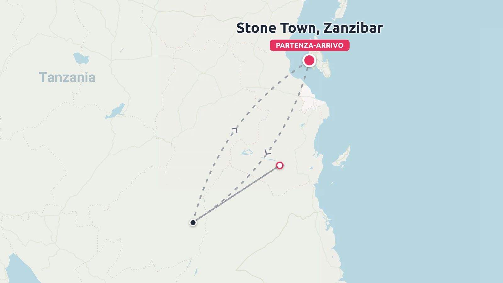 Mappa del percorso di viaggio che mostra un itinerario triangolare attraverso la Tanzania e Stone Town, Zanzibar.