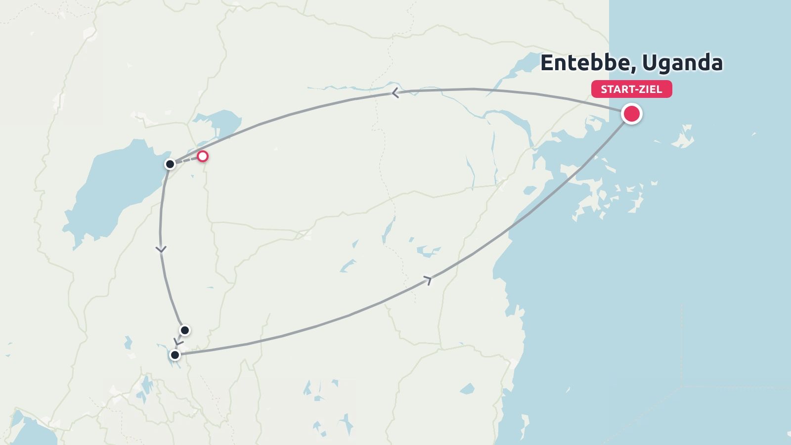 Eine Reiseroute als Rundweg mit Start und Ziel in Entebbe, Uganda.