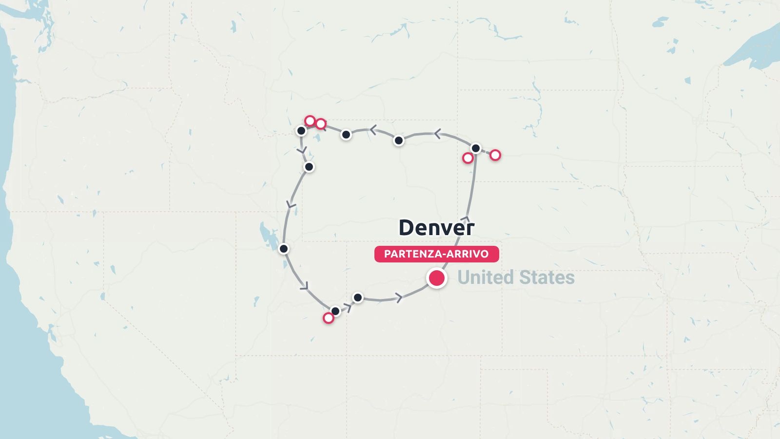 Mappa di viaggio di un itinerario stradale circolare con partenza e arrivo a Denver, Stati Uniti.