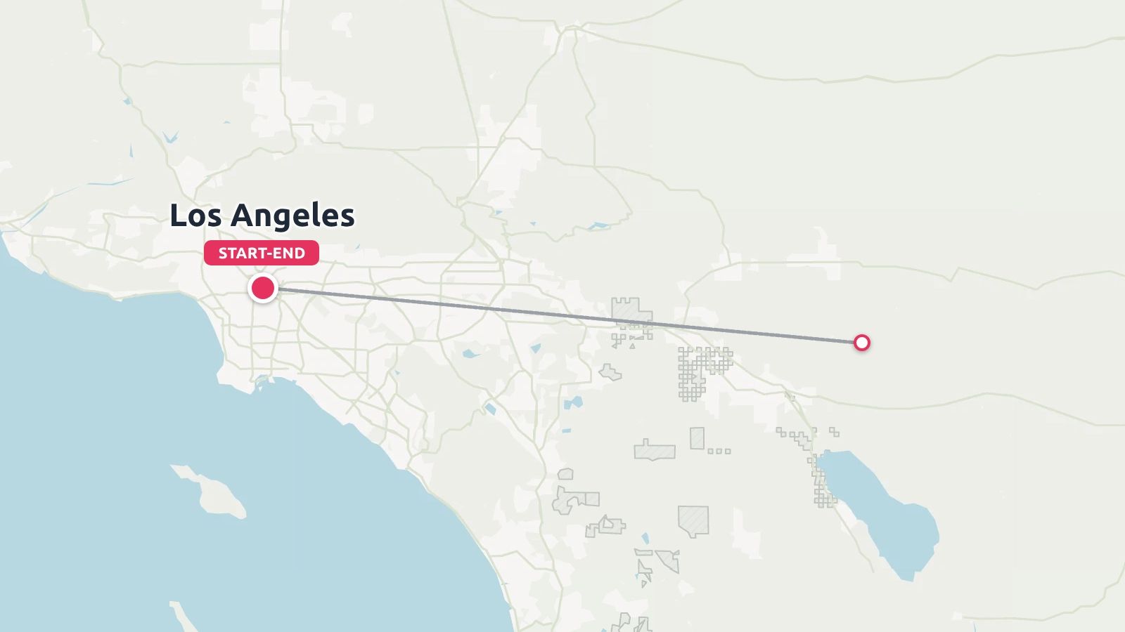 A travel route map showing a path starting and ending in Los Angeles, connecting to an eastern destination point.