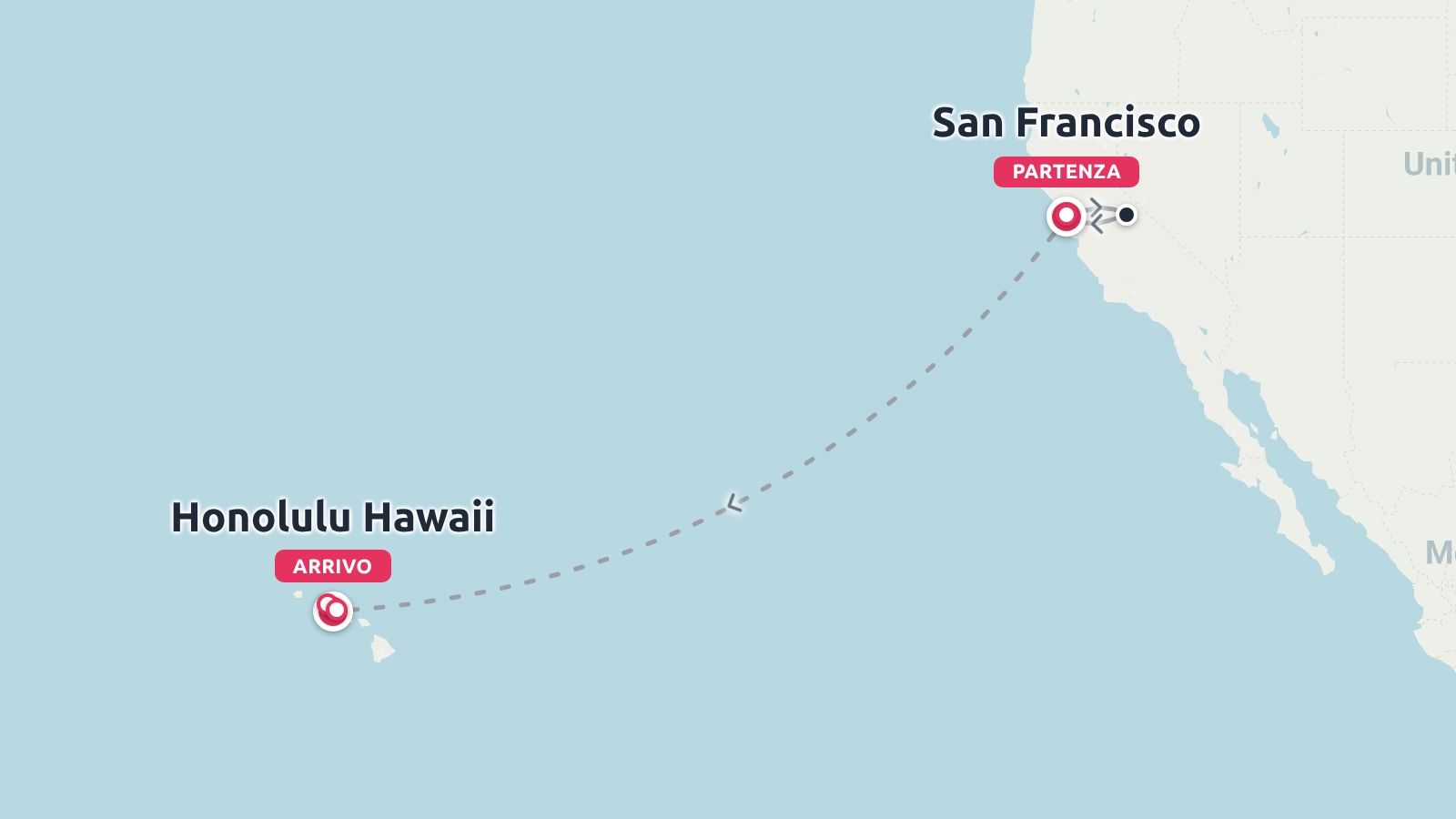 Una mappa che mostra una rotta di volo che collega San Francisco a Honolulu, Hawaii con una linea tratteggiata attraverso l'oceano.