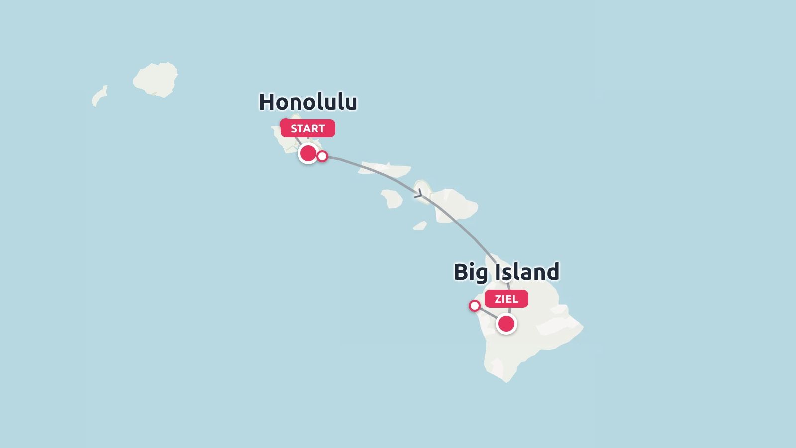 Eine Karte von Hawaii mit einer Reiseroute, die in Honolulu beginnt und auf Big Island endet.