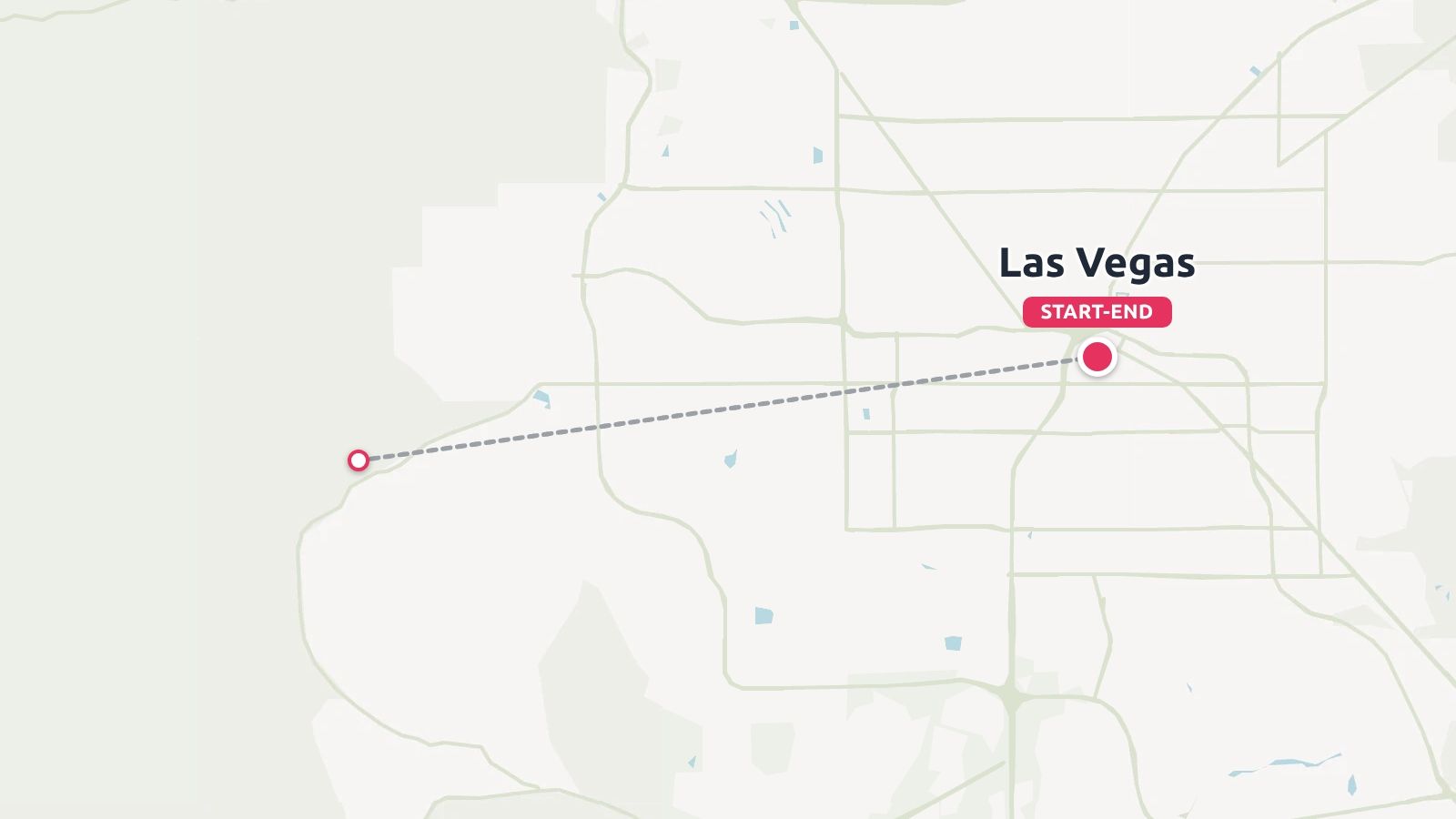 Travel map showing a route connected with a dashed line starting and ending in Las Vegas.