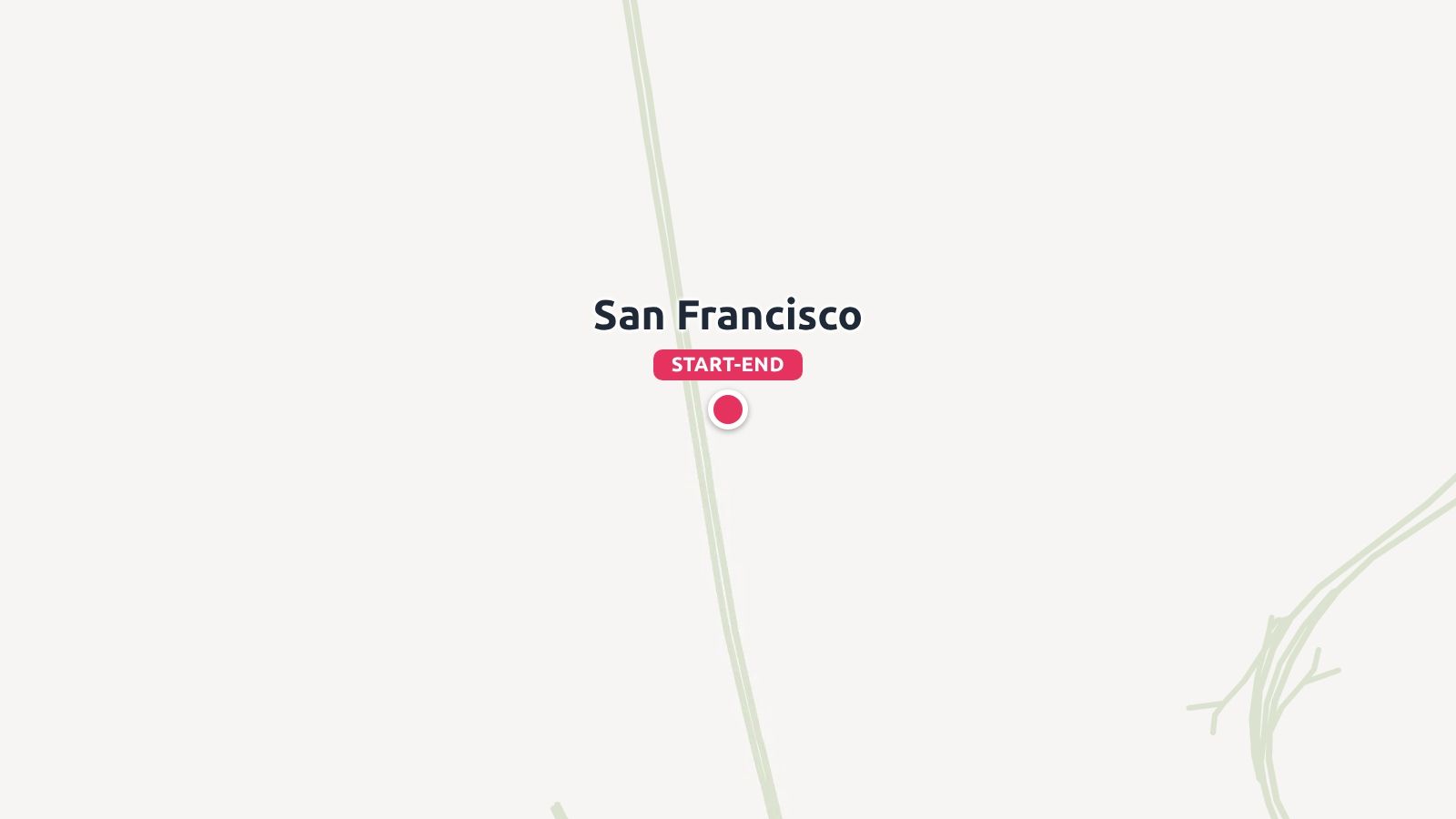 A minimalist route map pinpointing San Francisco marked with a red pin as the start and end destination.