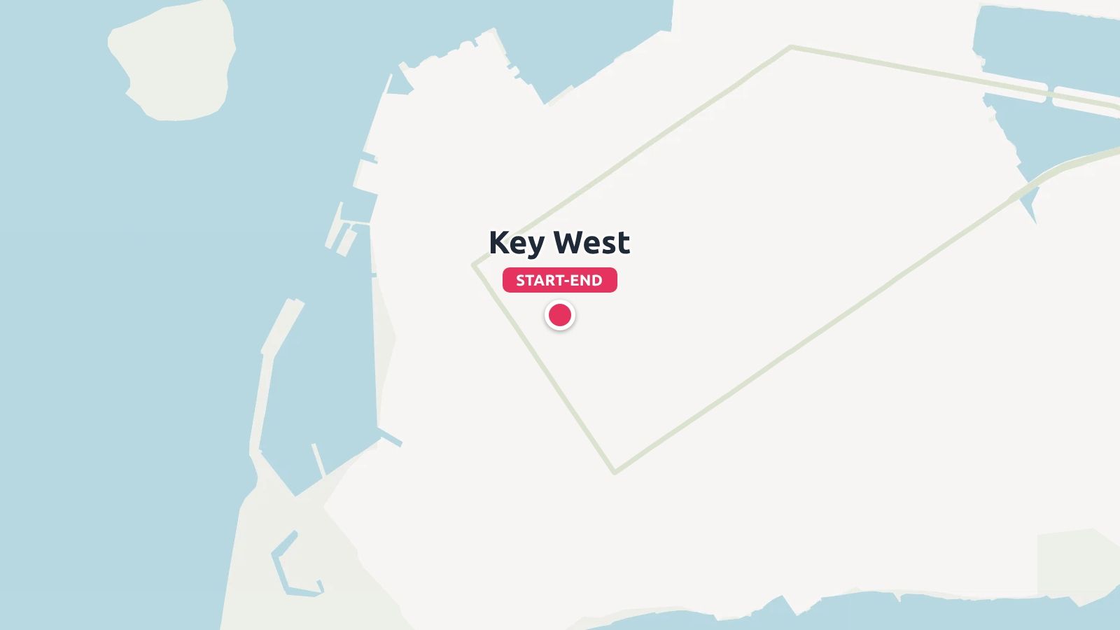 A map of Key West highlighting a start and end destination point with a red pin.