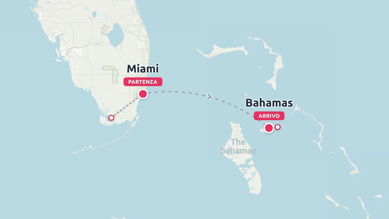 Mappa di viaggio che mostra una rotta di volo che collega Miami alle Bahamas attraverso l'oceano.