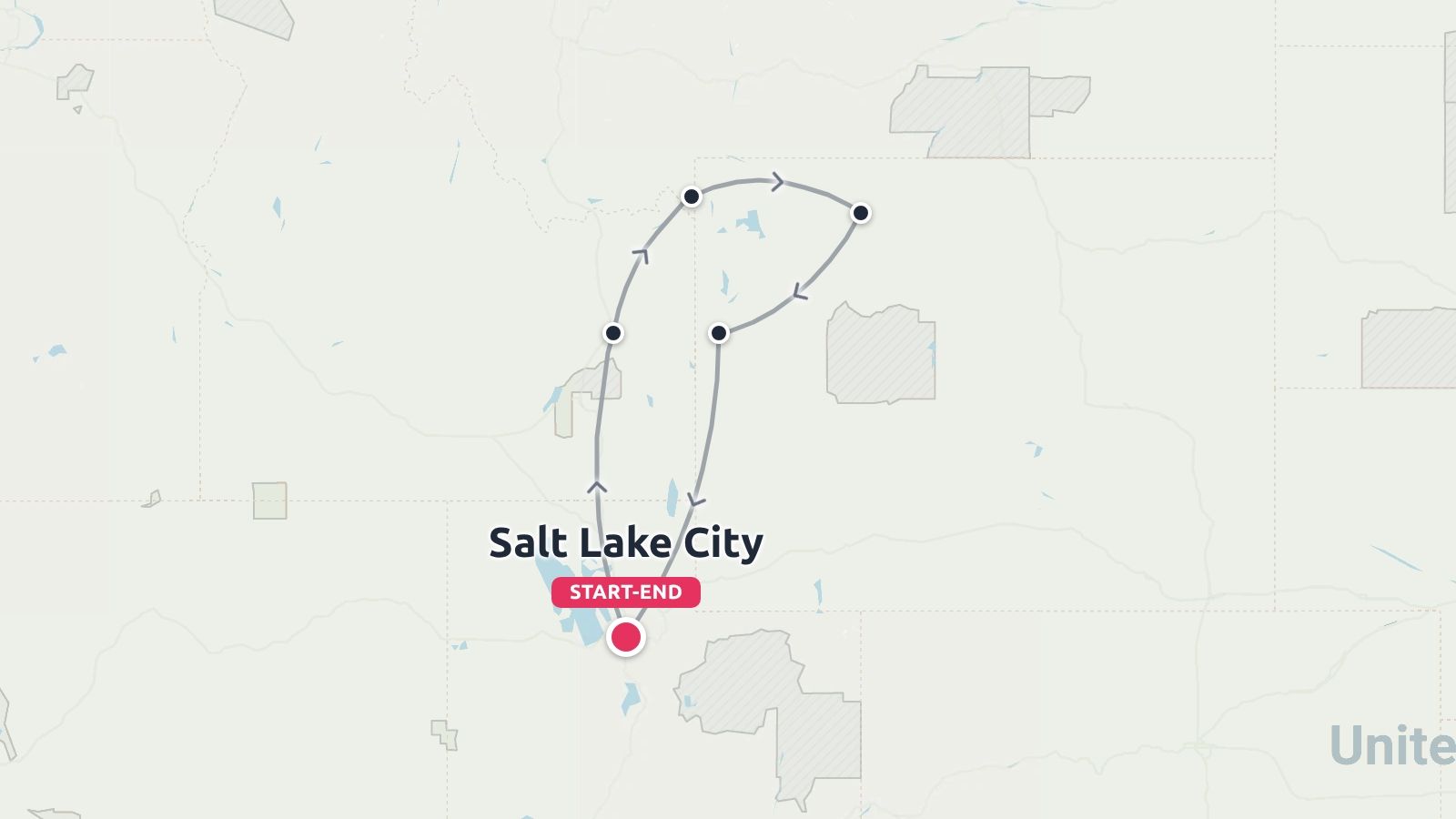 Travel route map showing a looped itinerary starting and ending in Salt Lake City with marked stops.